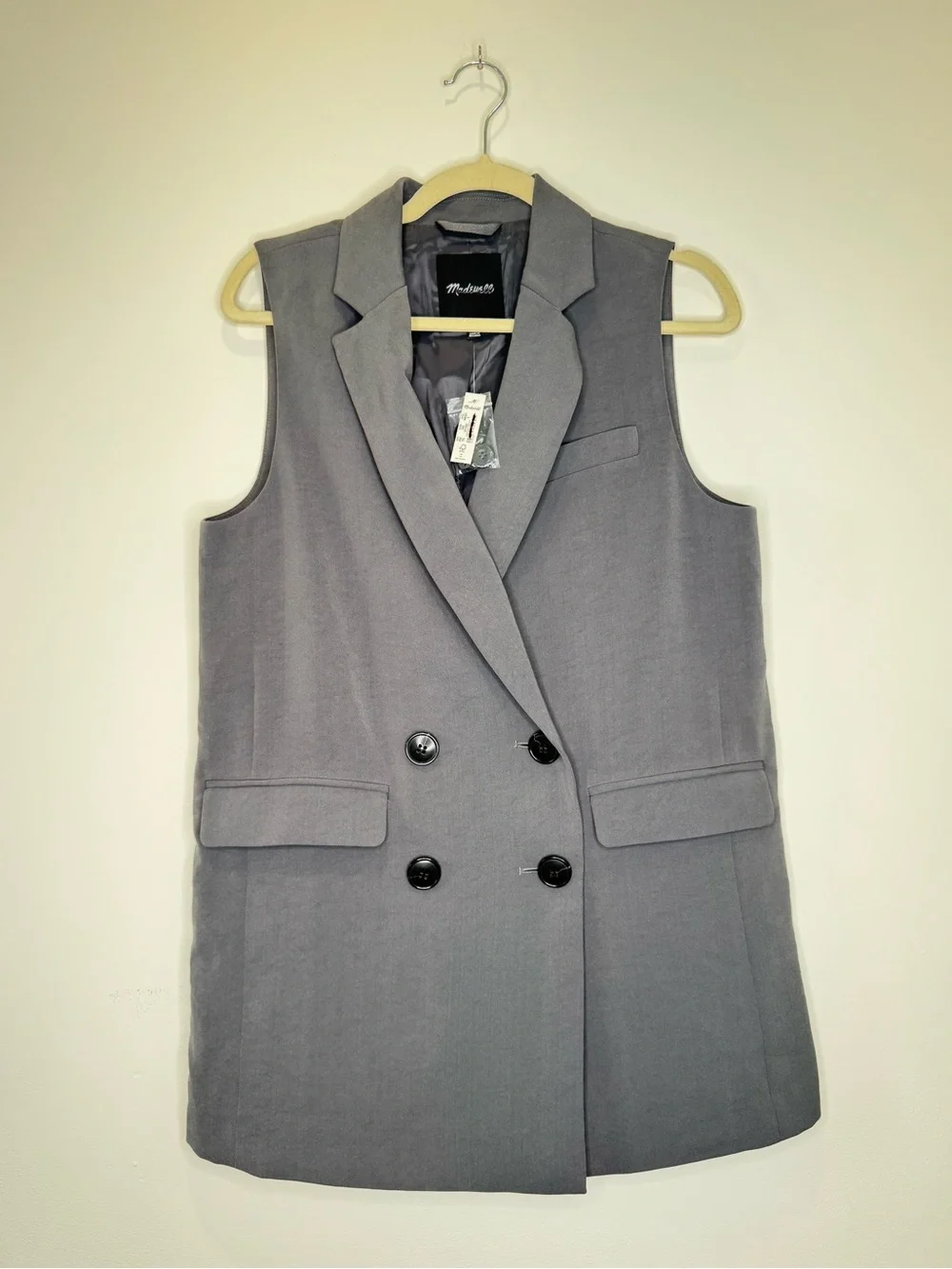 NWT ✨ Madewell Oversized Double-Breasted Crepe Sleeveless Blazer in Gray $198